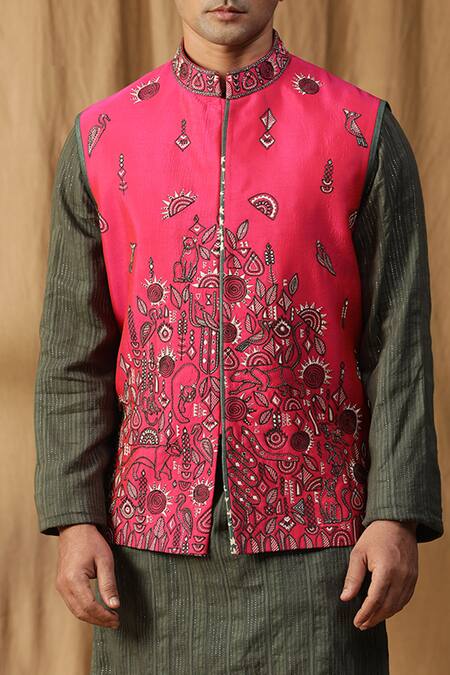 Kudrat Couture_Pink Silk Embroidered Thread Dual Toned Bundi Kurta Set_at_Aza_Fashions