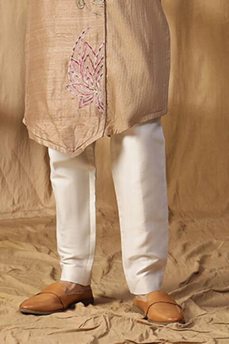 Kudrat Couture Beige Silk Embroidered Cutdana Buddha Asymmetric Panel Kurta And Pant Set Online at Aza Fashions Kudrat Couture_Beige Silk Embroidered Cutdana Buddha Asymmetric Panel Kurta And Pant Set_Online_at_Aza_Fashions