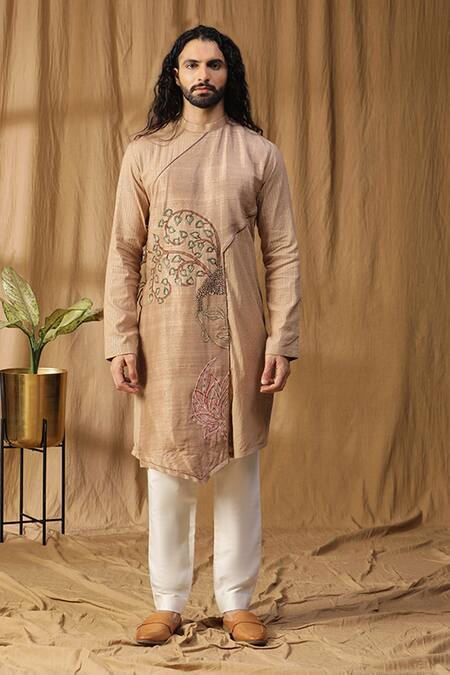 Buy_Kudrat Couture_Beige Silk Embroidered Cutdana Buddha Asymmetric Panel Kurta And Pant Set_Online_at_Aza_Fashions