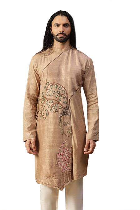 Shop Kudrat Couture Beige Silk Embroidered Cutdana Buddha Asymmetric Panel Kurta And Pant Set Online at Aza Fashions Shop_Kudrat Couture_Beige Silk Embroidered Cutdana Buddha Asymmetric Panel Kurta And Pant Set_Online_at_Aza_Fashions
