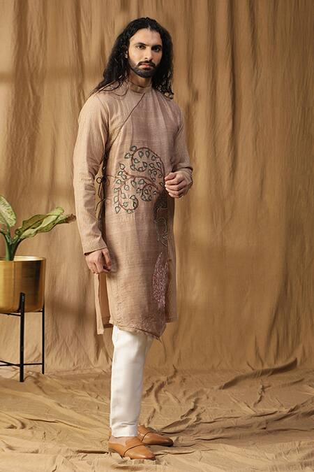 Kudrat Couture_Beige Silk Embroidered Cutdana Buddha Asymmetric Panel Kurta And Pant Set_at_Aza_Fashions