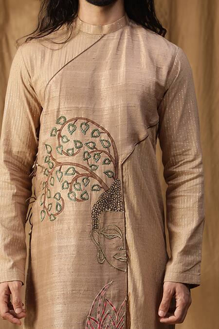 Buy_Kudrat Couture_Beige Silk Embroidered Cutdana Buddha Asymmetric Panel Kurta And Pant Set