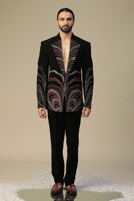 Kudrat Couture_Black Imported Italian Embroidered Abstract Kaustubh Maani Suit Set_Online_at_Aza_Fashions