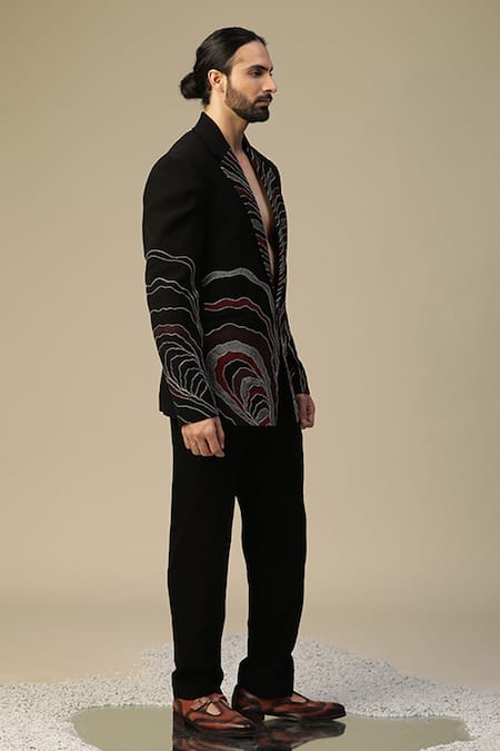 Buy_Kudrat Couture_Black Imported Italian Embroidered Abstract Kaustubh Maani Suit Set_Online_at_Aza_Fashions