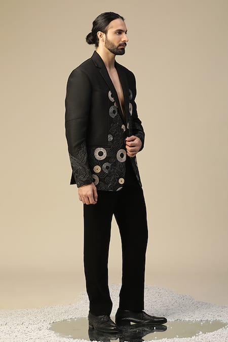 Shop_Kudrat Couture_Black Imported Italian Embroidered Thread Laxmi Round Motif Suit Set_Online_at_Aza_Fashions