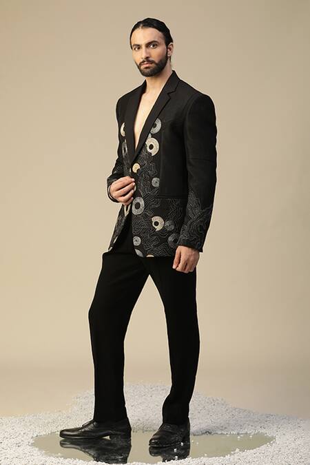 Kudrat Couture_Black Imported Italian Embroidered Thread Laxmi Round Motif Suit Set_at_Aza_Fashions