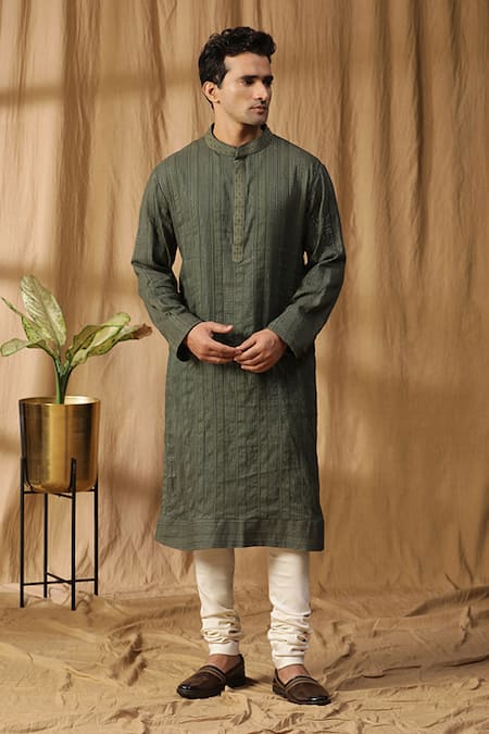 Kudrat Couture Green Cotton Textured Kurta And Churidar Set 