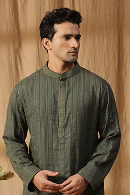 Shop_Kudrat Couture_Green Cotton Textured Kurta And Churidar Set_at_Aza_Fashions