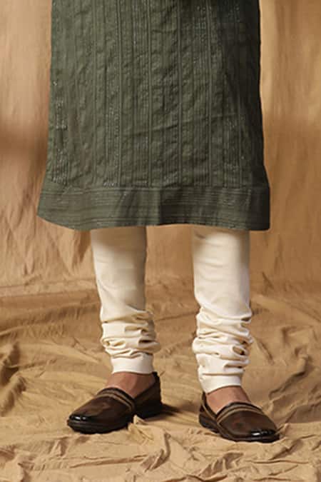 Kudrat Couture_Green Cotton Textured Kurta And Churidar Set_Online_at_Aza_Fashions