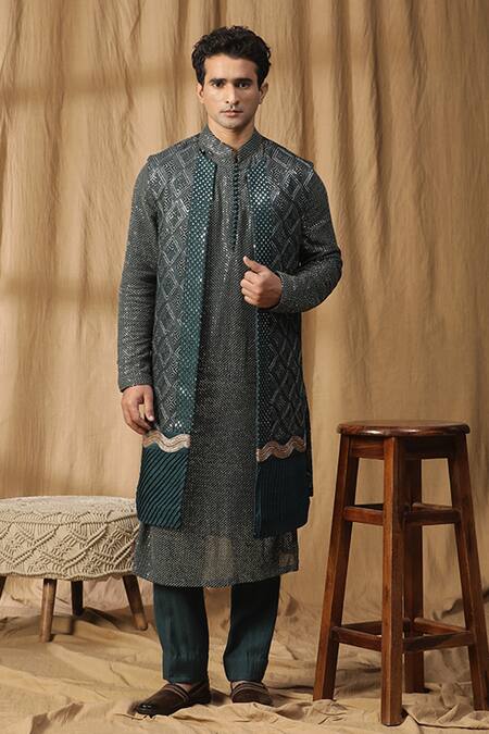 Kudrat Couture Dabka & Nalki Embroidered Motif Jacket Kurta Set 