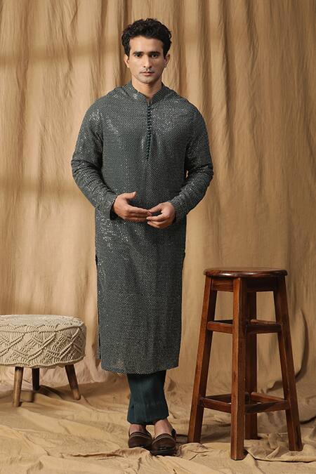 Kudrat Couture_Green Georgette Embroidered Sequin Dabka And Nalki Motif Jacket Kurta Set_Online_at_Aza_Fashions