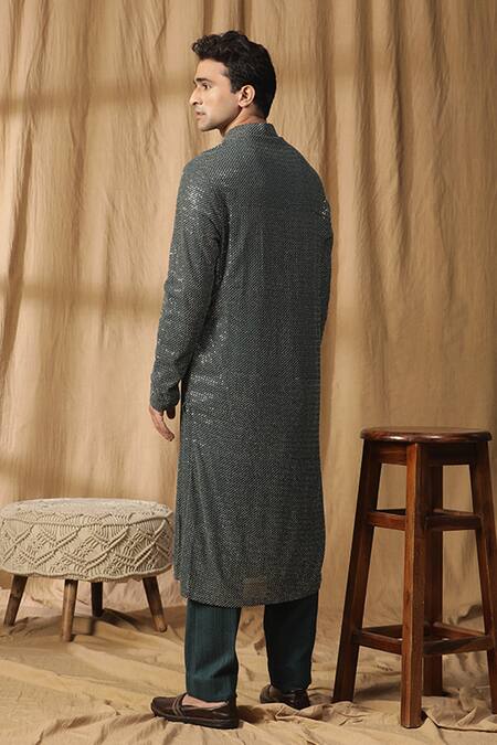 Shop_Kudrat Couture_Green Georgette Embroidered Sequin Dabka And Nalki Motif Jacket Kurta Set_Online_at_Aza_Fashions