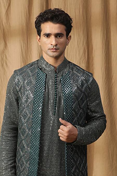 Kudrat Couture_Green Georgette Embroidered Sequin Dabka And Nalki Motif Jacket Kurta Set_at_Aza_Fashions