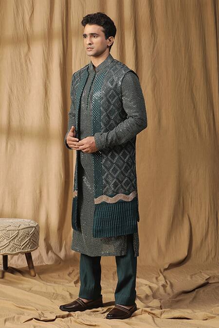 Buy_Kudrat Couture_Green Georgette Embroidered Sequin Dabka And Nalki Motif Jacket Kurta Set