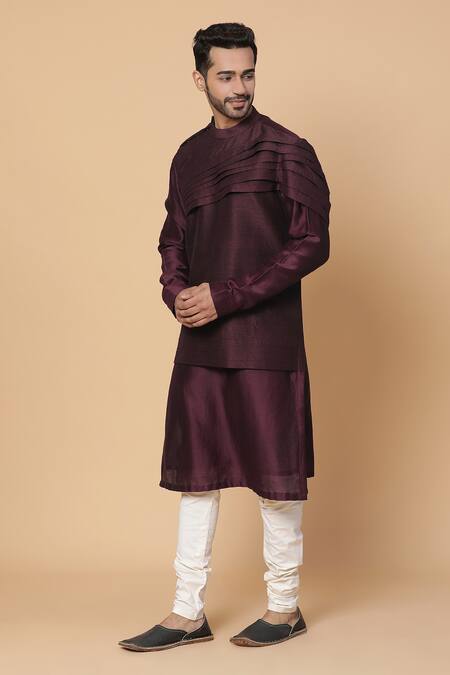 Kudrat Couture_Maroon Raw Silk Plain Pleated Panelled Kurta Set_Online_at_Aza_Fashions