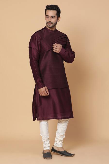 Buy_Kudrat Couture_Maroon Raw Silk Plain Pleated Panelled Kurta Set_Online_at_Aza_Fashions