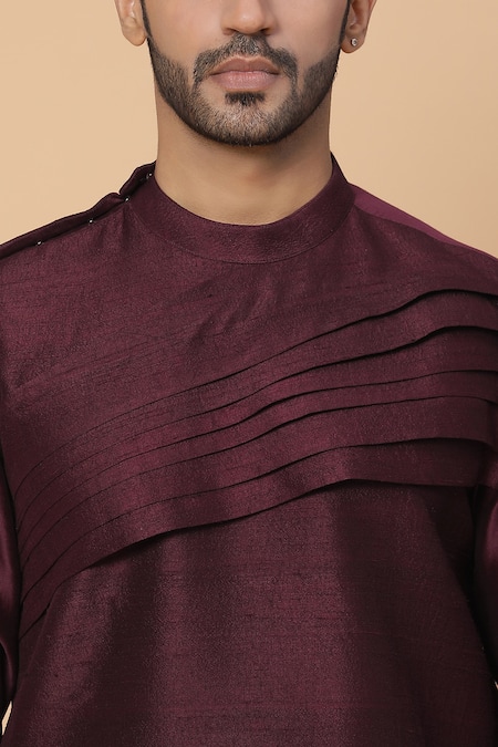 Shop_Kudrat Couture_Maroon Raw Silk Plain Pleated Panelled Kurta Set_Online_at_Aza_Fashions