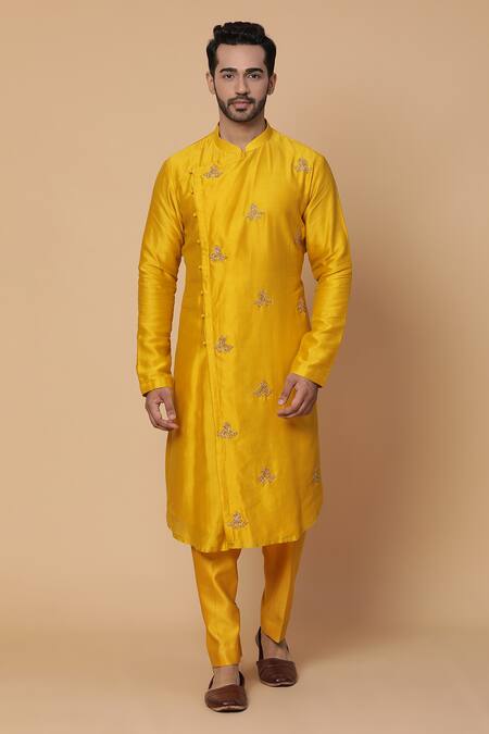 Kudrat Couture_Yellow Chanderi Silk Embroidery Zardozi Teer Kurta Set_Online_at_Aza_Fashions