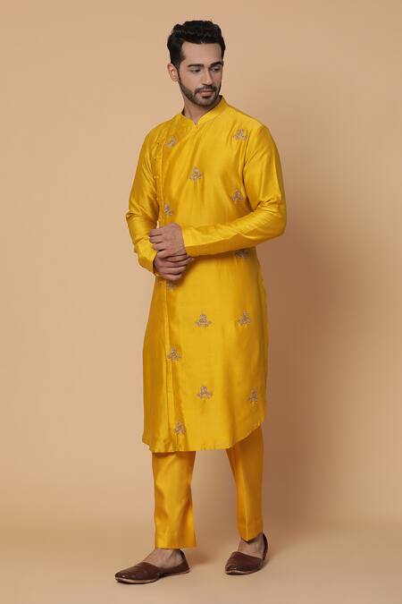 Buy_Kudrat Couture_Yellow Chanderi Silk Embroidery Zardozi Teer Kurta Set_Online_at_Aza_Fashions