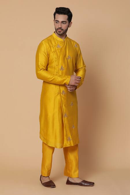 Shop_Kudrat Couture_Yellow Chanderi Silk Embroidery Zardozi Teer Kurta Set_Online_at_Aza_Fashions