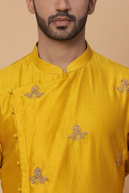 Kudrat Couture_Yellow Chanderi Silk Embroidery Zardozi Teer Kurta Set_at_Aza_Fashions