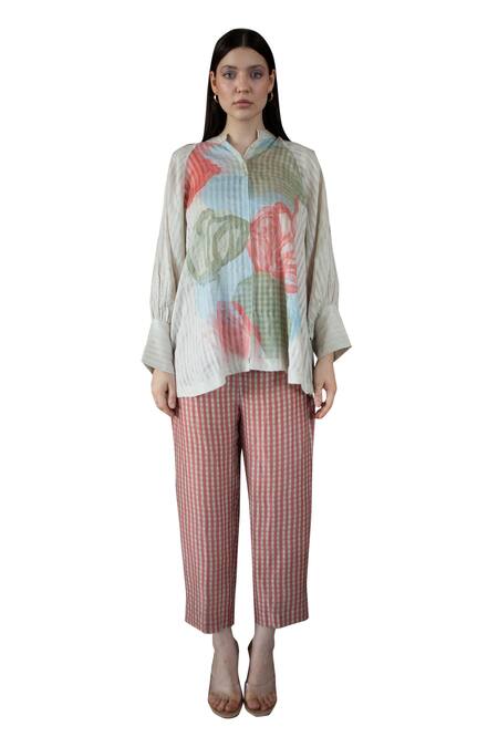 Shop_Clos_Cream Handloom Cotton Mandarin Collar Abstract Print Shirt With Pant 