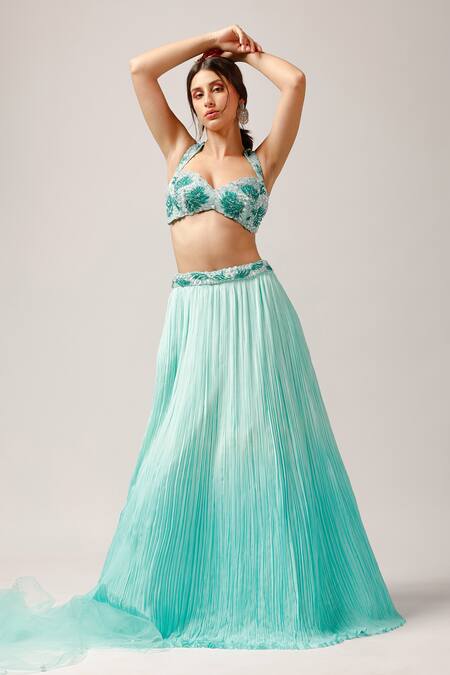 Shop_Anshika Tak Label_Blue Tussar, Net, Crepe Cut Work, Oceanic Serenity Embroidered Lehenga Set _Online_at_Aza_Fashions