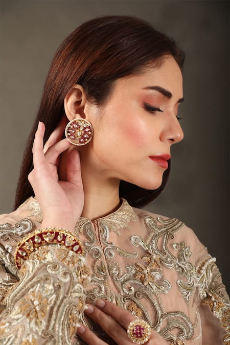 Kaari Red Vellore Polki Rabhya Leaf Motif Round Embellished Studs 