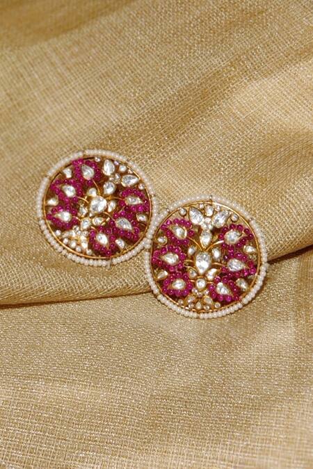 Shop Kaari Red Pearls, Diamonds, Stones Rabhya Leaf Motif Round Polki Embellished Studs at Aza Fashions Shop_Kaari_Red Pearls, Diamonds, Stones Rabhya Leaf Motif Round Polki Embellished Studs_at_Aza_Fashions