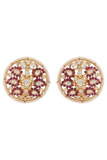 Kaari_Red Pearls, Diamonds, Stones Rabhya Leaf Motif Round Polki Embellished Studs_Online_at_Aza_Fashions