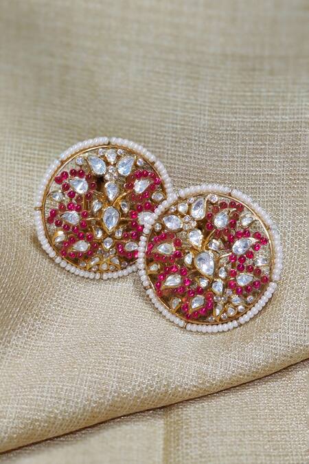 Buy Kaari Red Pearls, Diamonds, Stones Rabhya Leaf Motif Round Polki Embellished Studs Online at Aza Fashions Buy_Kaari_Red Pearls, Diamonds, Stones Rabhya Leaf Motif Round Polki Embellished Studs_Online_at_Aza_Fashions