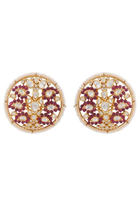 Shop Kaari Red Pearls, Diamonds, Stones Rabhya Leaf Motif Round Polki Embellished Studs Online at Aza Fashions Shop_Kaari_Red Pearls, Diamonds, Stones Rabhya Leaf Motif Round Polki Embellished Studs_Online_at_Aza_Fashions