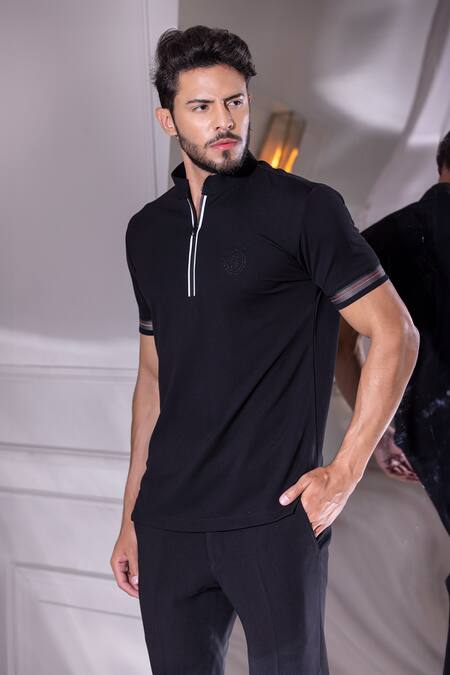 Amit Arora_Black Polyester Embroidery Knitted Textured T-shirt _Online_at_Aza_Fashions