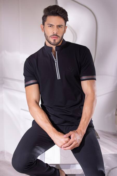 Buy_Amit Arora_Black Polyester Embroidery Knitted Textured T-shirt _Online_at_Aza_Fashions
