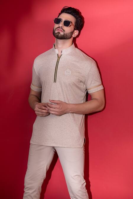 Amit Arora_Beige Poly-knit Textured Threadwork Straight T-shirt _Online_at_Aza_Fashions