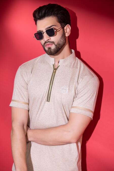 Buy_Amit Arora_Beige Poly-knit Textured Threadwork Straight T-shirt _Online_at_Aza_Fashions