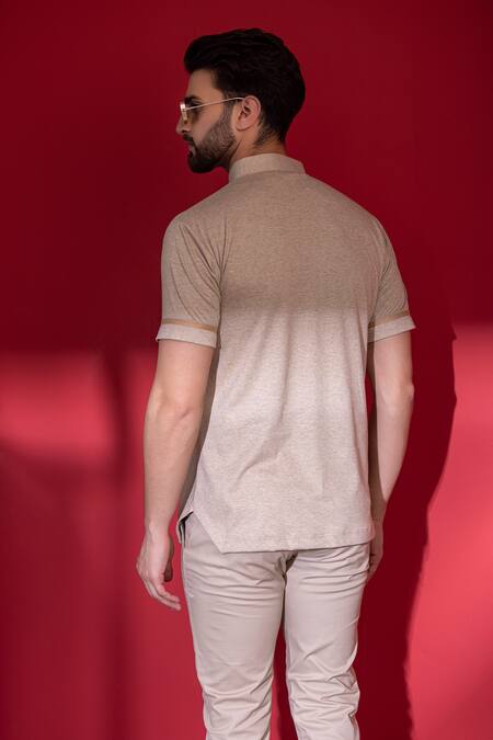 Shop_Amit Arora_Beige Poly-knit Textured Threadwork Straight T-shirt _at_Aza_Fashions