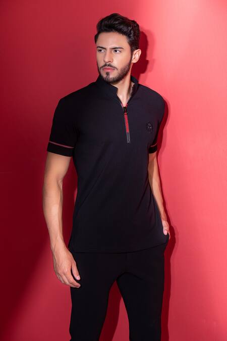 Amit Arora_Black Polyester Embroidery Straight Knitted T-shirt _Online_at_Aza_Fashions