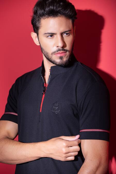 Buy_Amit Arora_Black Polyester Embroidery Straight Knitted T-shirt _Online_at_Aza_Fashions