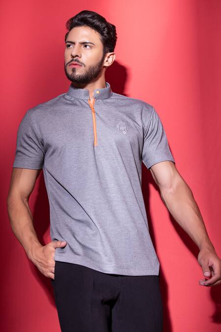 Amit Arora Grey Polyester Embroidery Knitted Half Sleeve T-shirt Online at Aza Fashions Amit Arora_Grey Polyester Embroidery Knitted Half Sleeve T-shirt_Online_at_Aza_Fashions