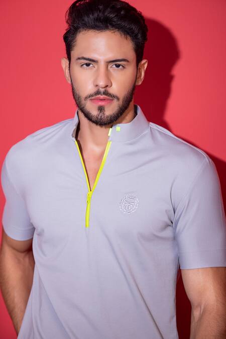 Amit Arora Grey Polyester Embroidery Half Sleeve Knitted T-shirt Online at Aza Fashions Amit Arora_Grey Polyester Embroidery Half Sleeve Knitted T-shirt_Online_at_Aza_Fashions