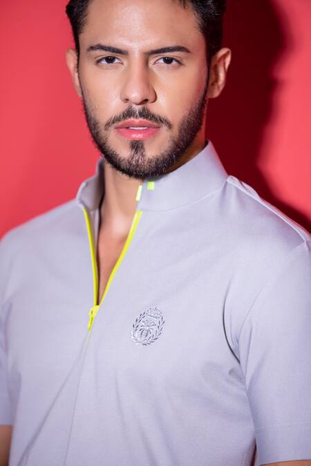 Buy Amit Arora Grey Polyester Embroidery Half Sleeve Knitted T-shirt Online at Aza Fashions Buy_Amit Arora_Grey Polyester Embroidery Half Sleeve Knitted T-shirt_Online_at_Aza_Fashions