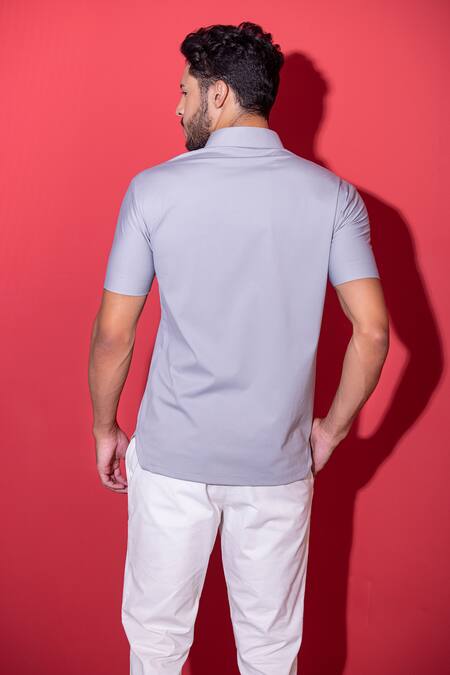 Shop Amit Arora Grey Polyester Embroidery Half Sleeve Knitted T-shirt at Aza Fashions Shop_Amit Arora_Grey Polyester Embroidery Half Sleeve Knitted T-shirt_at_Aza_Fashions