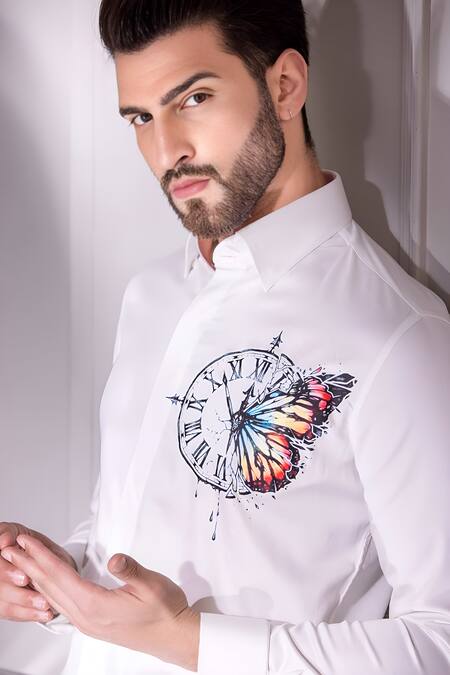 Amit Arora_White Cotton, Lycra Placement Print Shirt_Online_at_Aza_Fashions