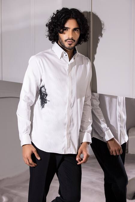 Amit Arora White Cotton, Lycra Embroidery Face Print Shirt Online at Aza Fashions Amit Arora_White Cotton, Lycra Embroidery Face Print Shirt_Online_at_Aza_Fashions