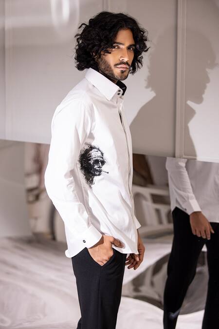 Shop Amit Arora White Cotton, Lycra Embroidery Face Print Shirt at Aza Fashions Shop_Amit Arora_White Cotton, Lycra Embroidery Face Print Shirt_at_Aza_Fashions