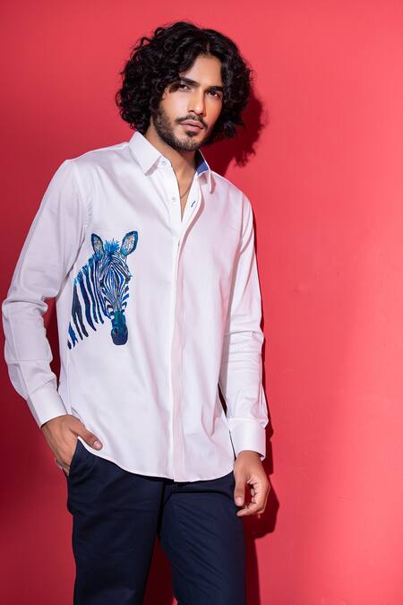 Amit Arora White Cotton, Lycra Embroidery Zebra Print Shirt Online at Aza Fashions Amit Arora_White Cotton, Lycra Embroidery Zebra Print Shirt_Online_at_Aza_Fashions