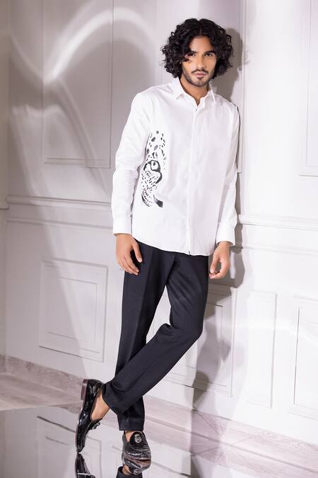 Amit Arora White Cotton, Lycra Cheetah Print Shirt Online at Aza Fashions Amit Arora_White Cotton, Lycra Cheetah Print Shirt_Online_at_Aza_Fashions