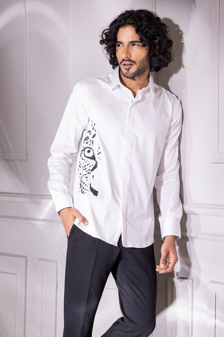 Shop Amit Arora White Cotton, Lycra Cheetah Print Shirt at Aza Fashions Shop_Amit Arora_White Cotton, Lycra Cheetah Print Shirt_at_Aza_Fashions