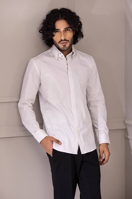 Amit Arora_White Cotton, Lycra Embroidery Tonal Abstract Print Shirt_Online_at_Aza_Fashions